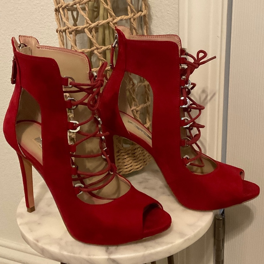 Guess Red Peep-Toe Lace-Up Heels